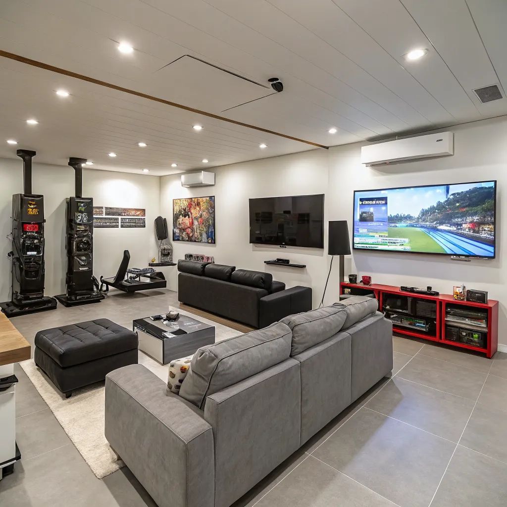 Sala de juegos moderna con consolas y sillones cómodos